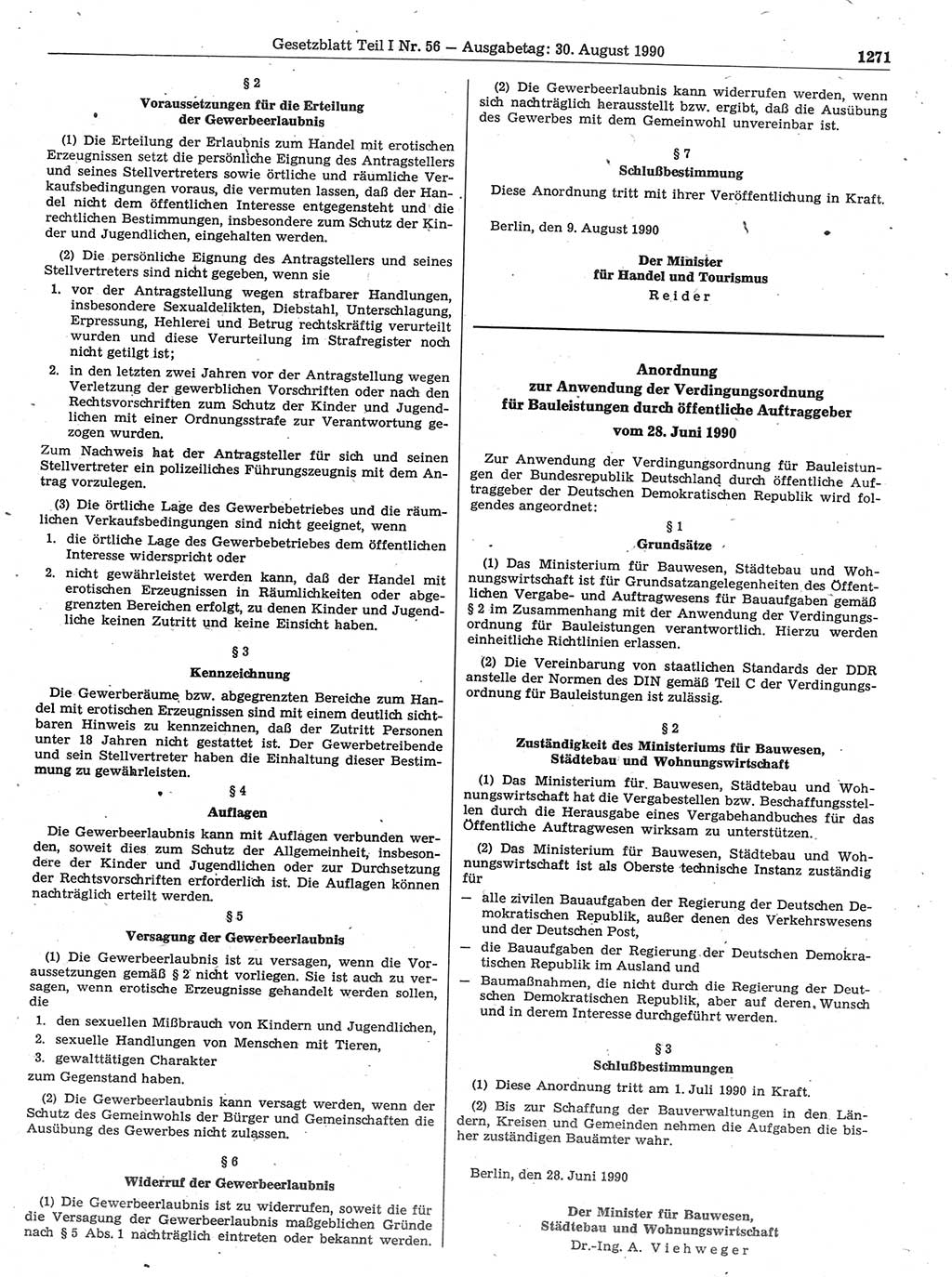 Gesetzblatt (GBl.) der Deutschen Demokratischen Republik (DDR) Teil Ⅰ 1990, Seite 1271 (GBl. DDR Ⅰ 1990, S. 1271)