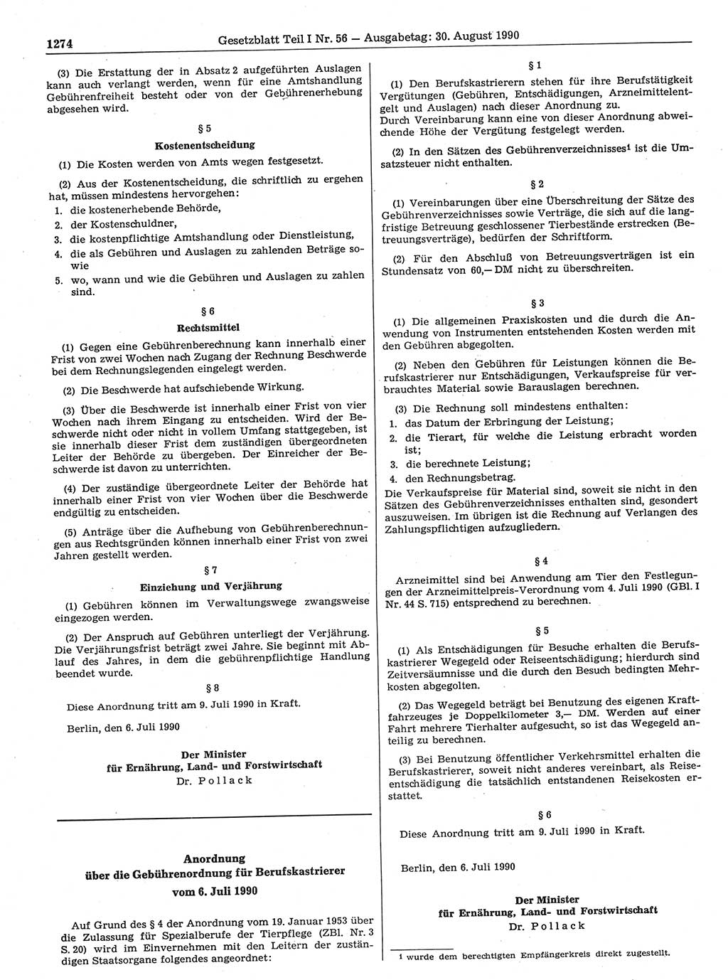 Gesetzblatt (GBl.) der Deutschen Demokratischen Republik (DDR) Teil Ⅰ 1990, Seite 1274 (GBl. DDR Ⅰ 1990, S. 1274)
