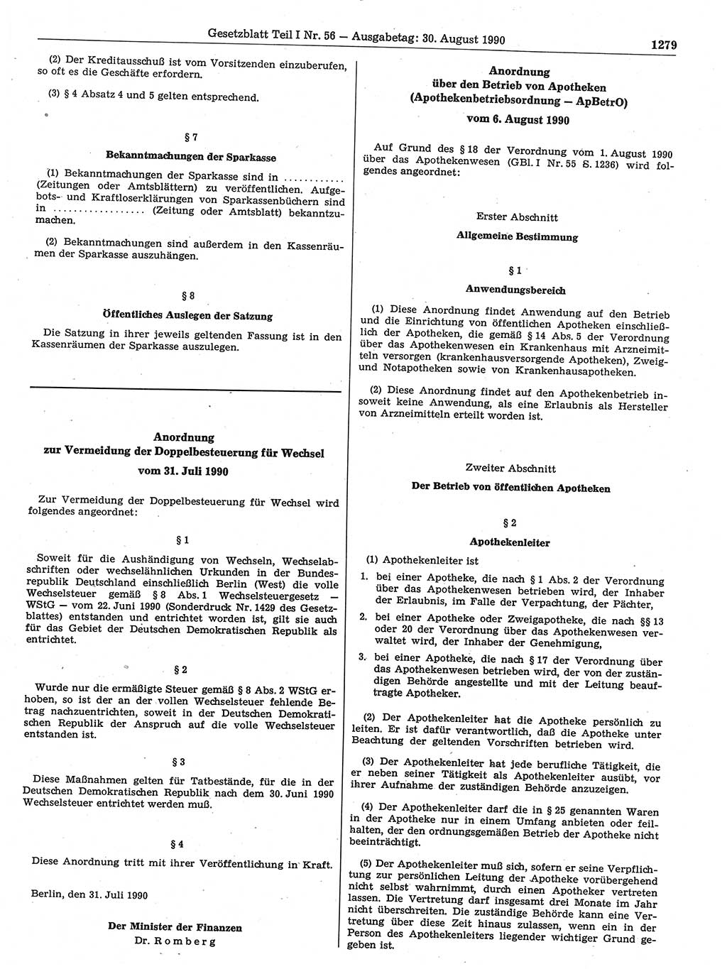 Gesetzblatt (GBl.) der Deutschen Demokratischen Republik (DDR) Teil Ⅰ 1990, Seite 1279 (GBl. DDR Ⅰ 1990, S. 1279)