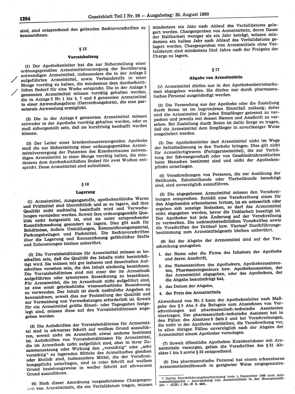 Gesetzblatt (GBl.) der Deutschen Demokratischen Republik (DDR) Teil Ⅰ 1990, Seite 1284 (GBl. DDR Ⅰ 1990, S. 1284)