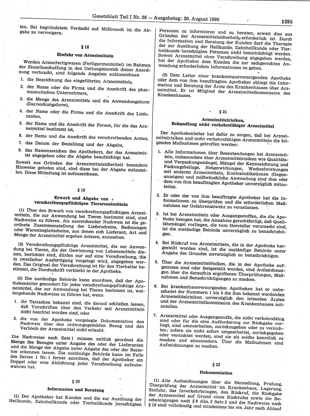 Gesetzblatt (GBl.) der Deutschen Demokratischen Republik (DDR) Teil Ⅰ 1990, Seite 1285 (GBl. DDR Ⅰ 1990, S. 1285)