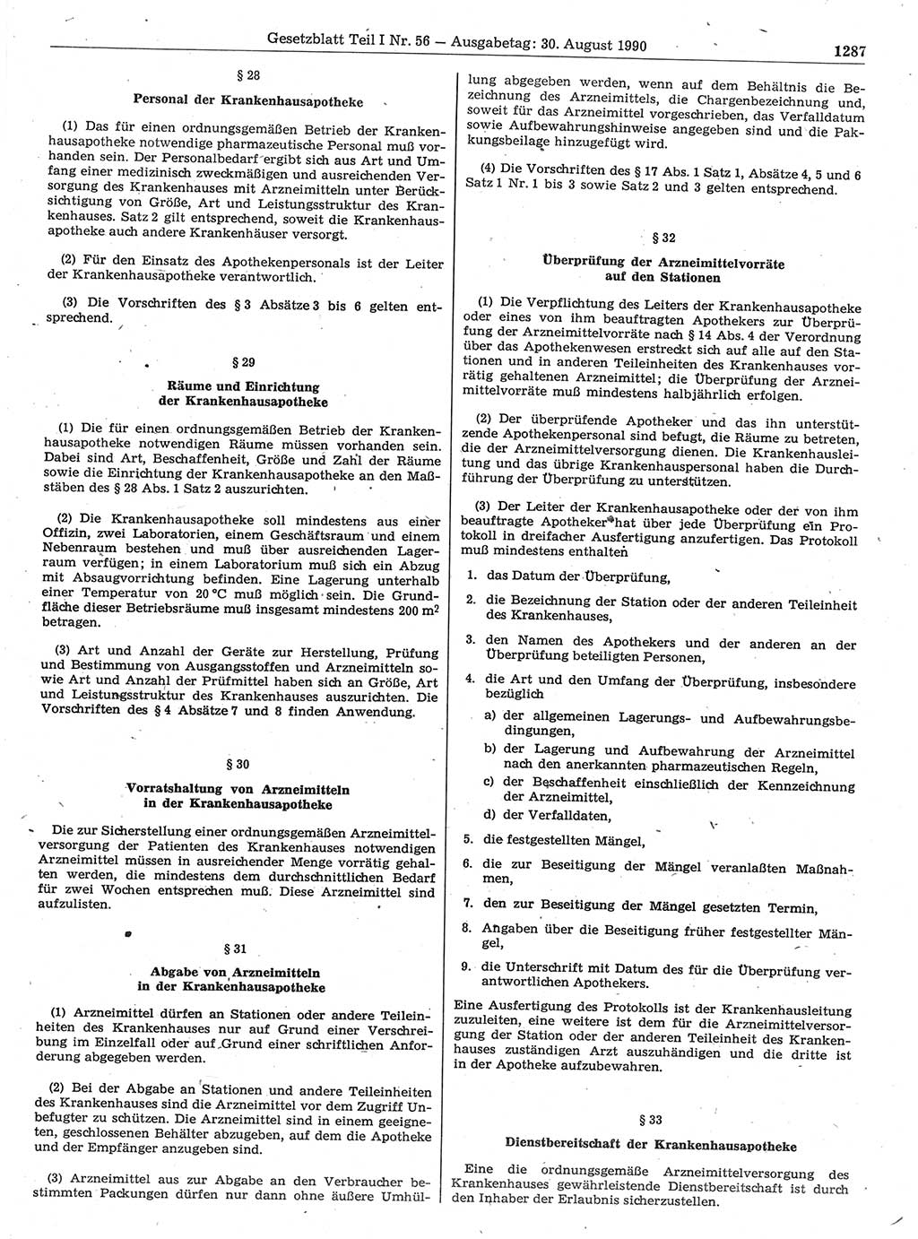 Gesetzblatt (GBl.) der Deutschen Demokratischen Republik (DDR) Teil Ⅰ 1990, Seite 1287 (GBl. DDR Ⅰ 1990, S. 1287)