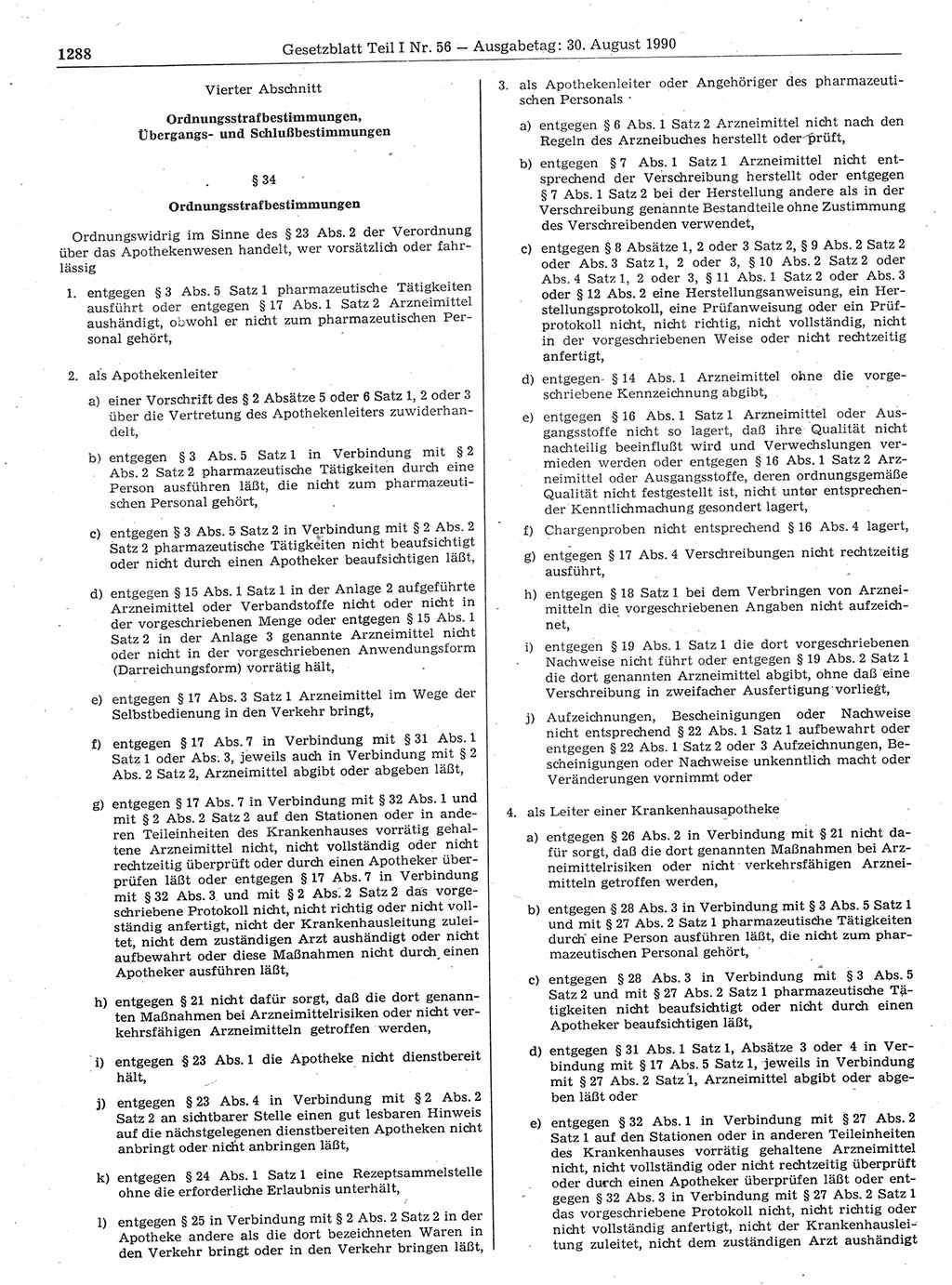 Gesetzblatt (GBl.) der Deutschen Demokratischen Republik (DDR) Teil Ⅰ 1990, Seite 1288 (GBl. DDR Ⅰ 1990, S. 1288)
