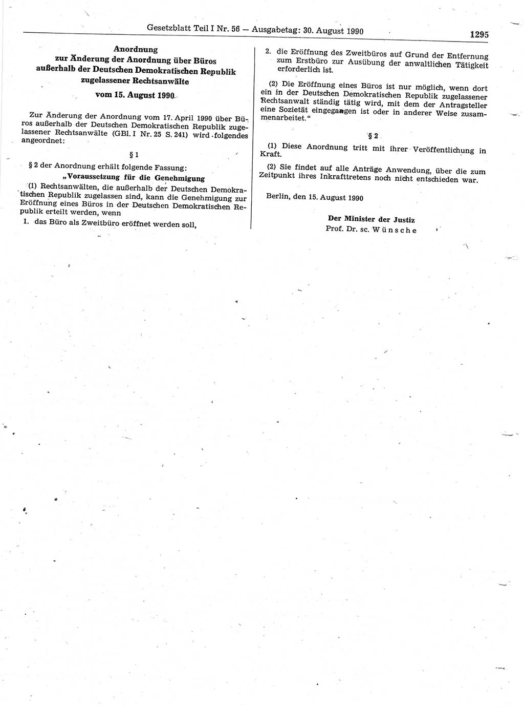 Gesetzblatt (GBl.) der Deutschen Demokratischen Republik (DDR) Teil Ⅰ 1990, Seite 1295 (GBl. DDR Ⅰ 1990, S. 1295)