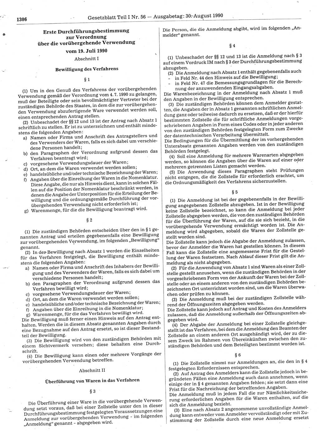 Gesetzblatt (GBl.) der Deutschen Demokratischen Republik (DDR) Teil Ⅰ 1990, Seite 1306 (GBl. DDR Ⅰ 1990, S. 1306)