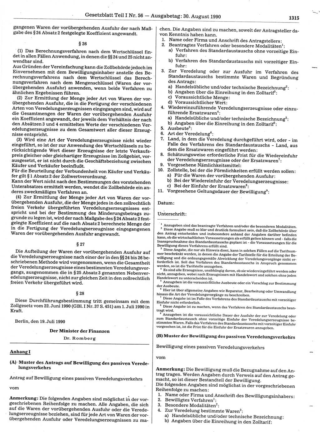 Gesetzblatt (GBl.) der Deutschen Demokratischen Republik (DDR) Teil Ⅰ 1990, Seite 1315 (GBl. DDR Ⅰ 1990, S. 1315)