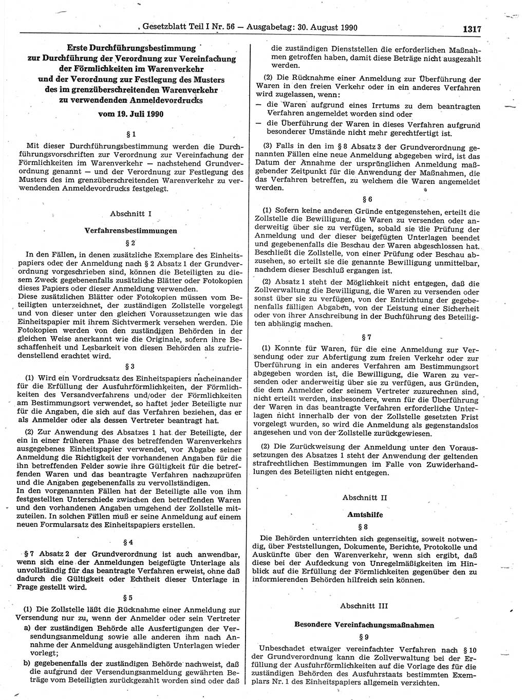 Gesetzblatt (GBl.) der Deutschen Demokratischen Republik (DDR) Teil Ⅰ 1990, Seite 1317 (GBl. DDR Ⅰ 1990, S. 1317)