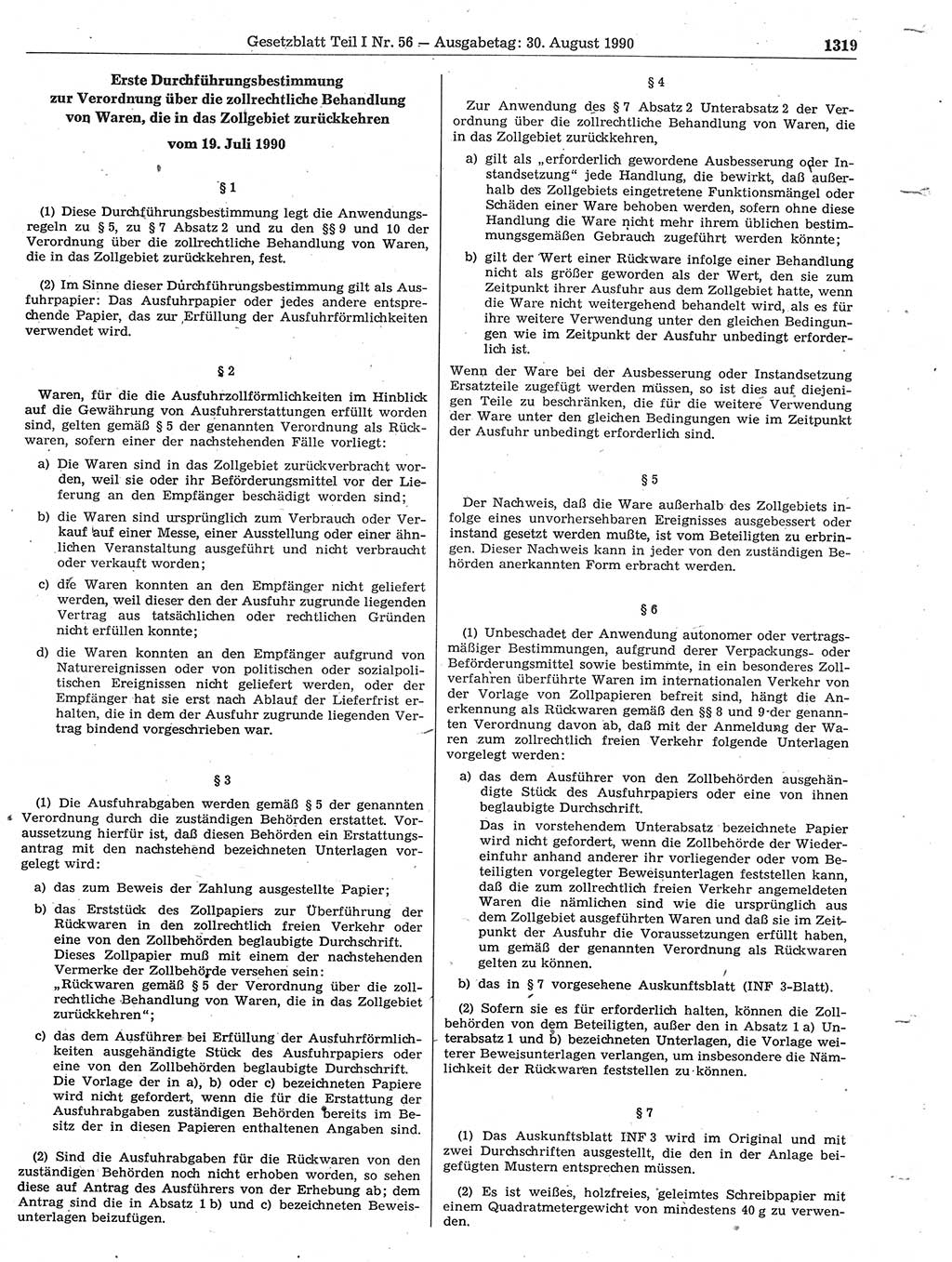 Gesetzblatt (GBl.) der Deutschen Demokratischen Republik (DDR) Teil Ⅰ 1990, Seite 1319 (GBl. DDR Ⅰ 1990, S. 1319)