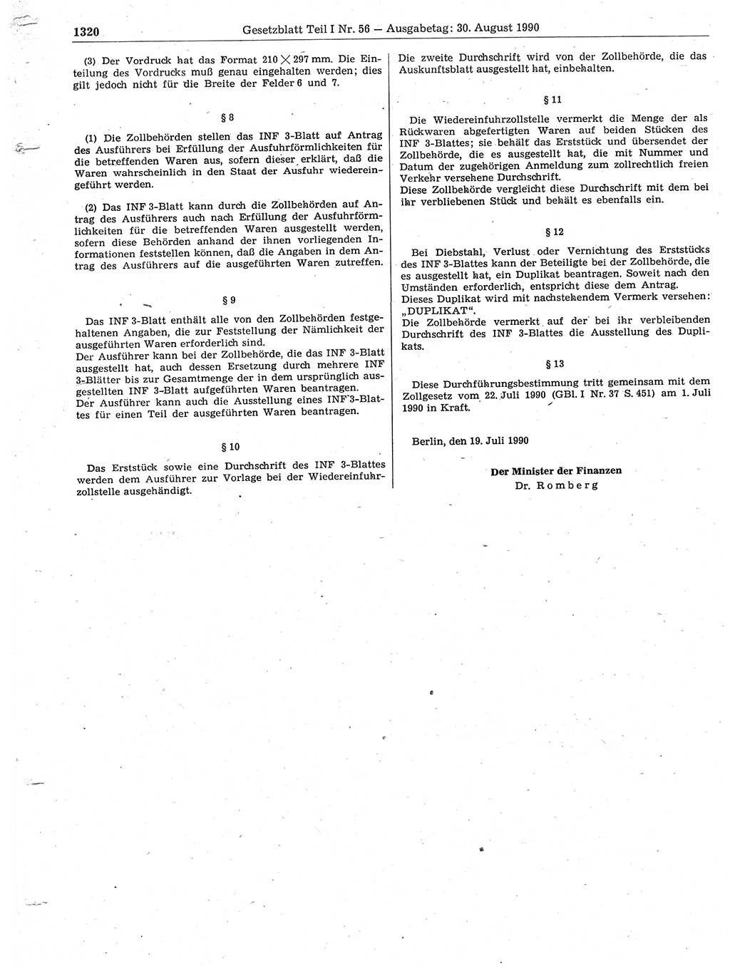 Gesetzblatt (GBl.) der Deutschen Demokratischen Republik (DDR) Teil Ⅰ 1990, Seite 1320 (GBl. DDR Ⅰ 1990, S. 1320)