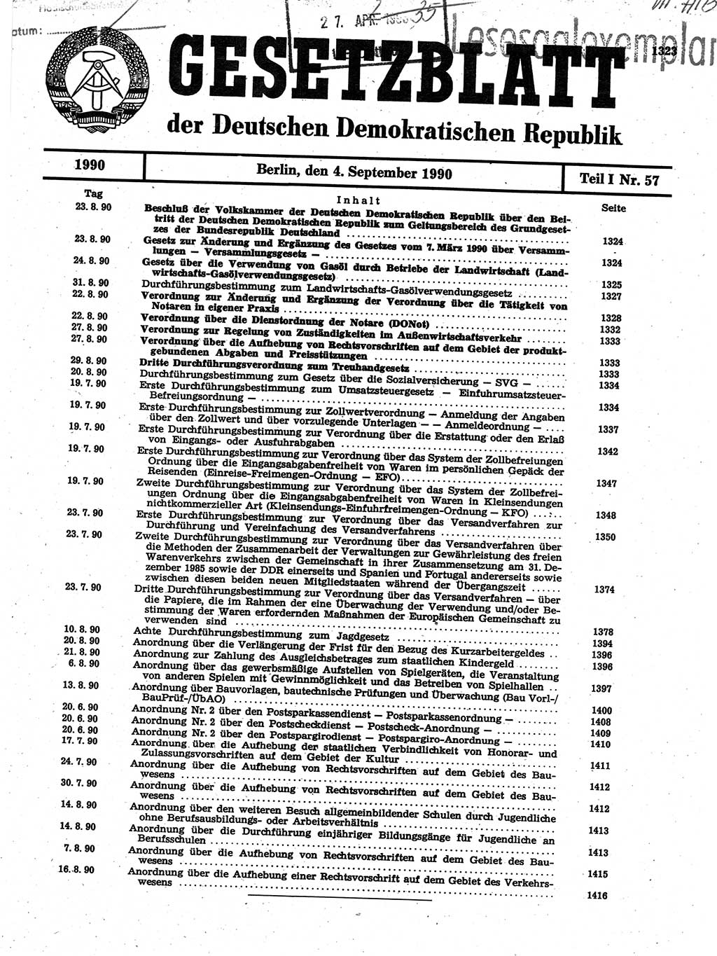 Gesetzblatt (GBl.) der Deutschen Demokratischen Republik (DDR) Teil Ⅰ 1990, Seite 1323 (GBl. DDR Ⅰ 1990, S. 1323)