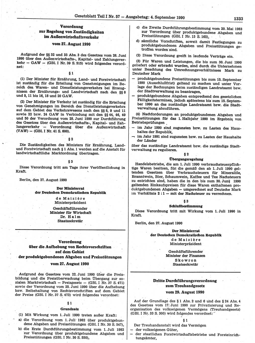 Gesetzblatt (GBl.) der Deutschen Demokratischen Republik (DDR) Teil Ⅰ 1990, Seite 1333 (GBl. DDR Ⅰ 1990, S. 1333)