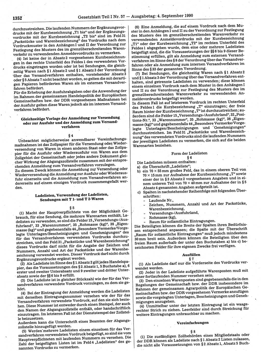 Gesetzblatt (GBl.) der Deutschen Demokratischen Republik (DDR) Teil Ⅰ 1990, Seite 1352 (GBl. DDR Ⅰ 1990, S. 1352)
