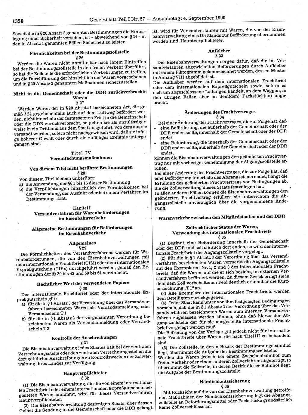 Gesetzblatt (GBl.) der Deutschen Demokratischen Republik (DDR) Teil Ⅰ 1990, Seite 1356 (GBl. DDR Ⅰ 1990, S. 1356)