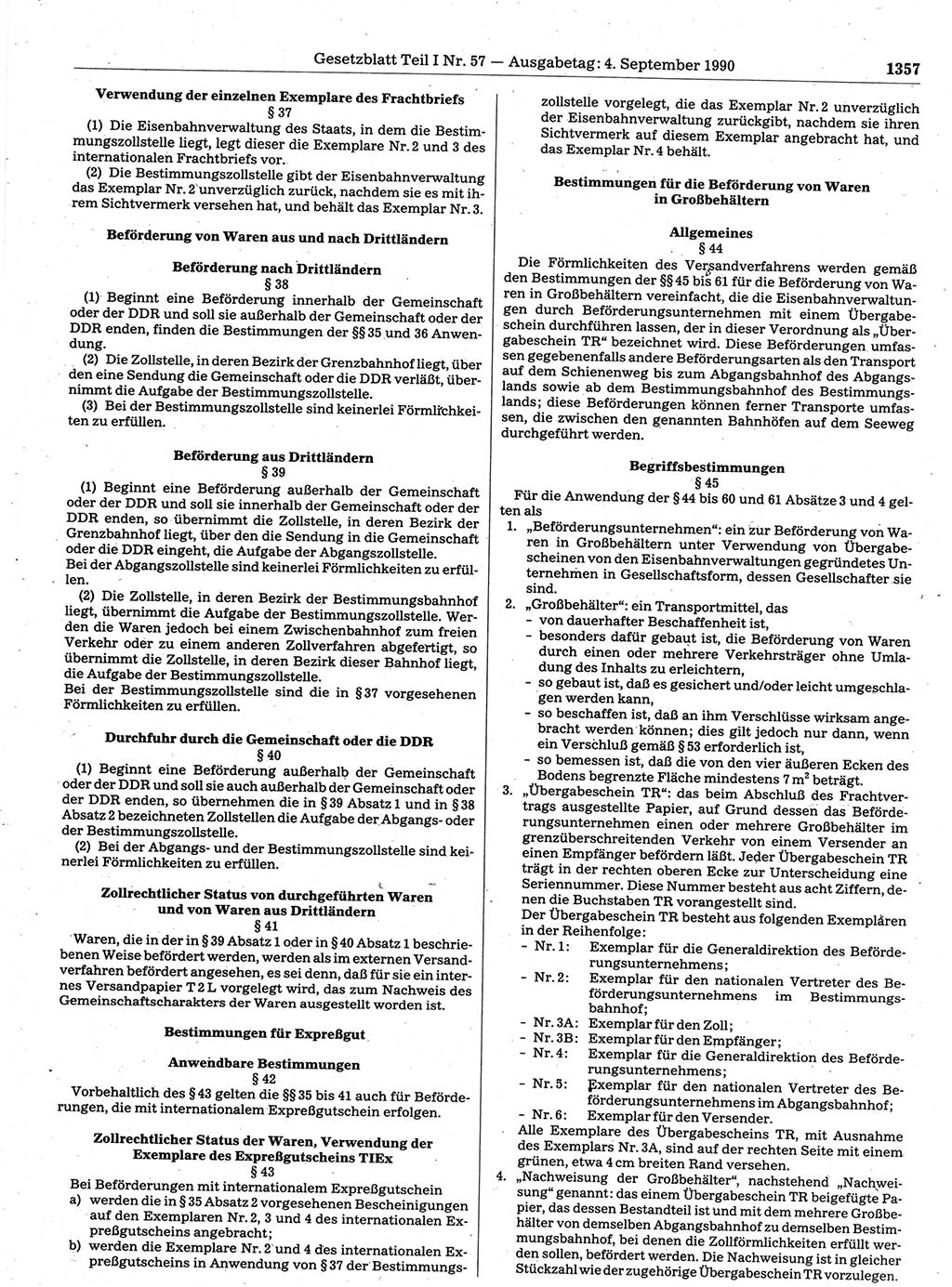 Gesetzblatt (GBl.) der Deutschen Demokratischen Republik (DDR) Teil Ⅰ 1990, Seite 1357 (GBl. DDR Ⅰ 1990, S. 1357)