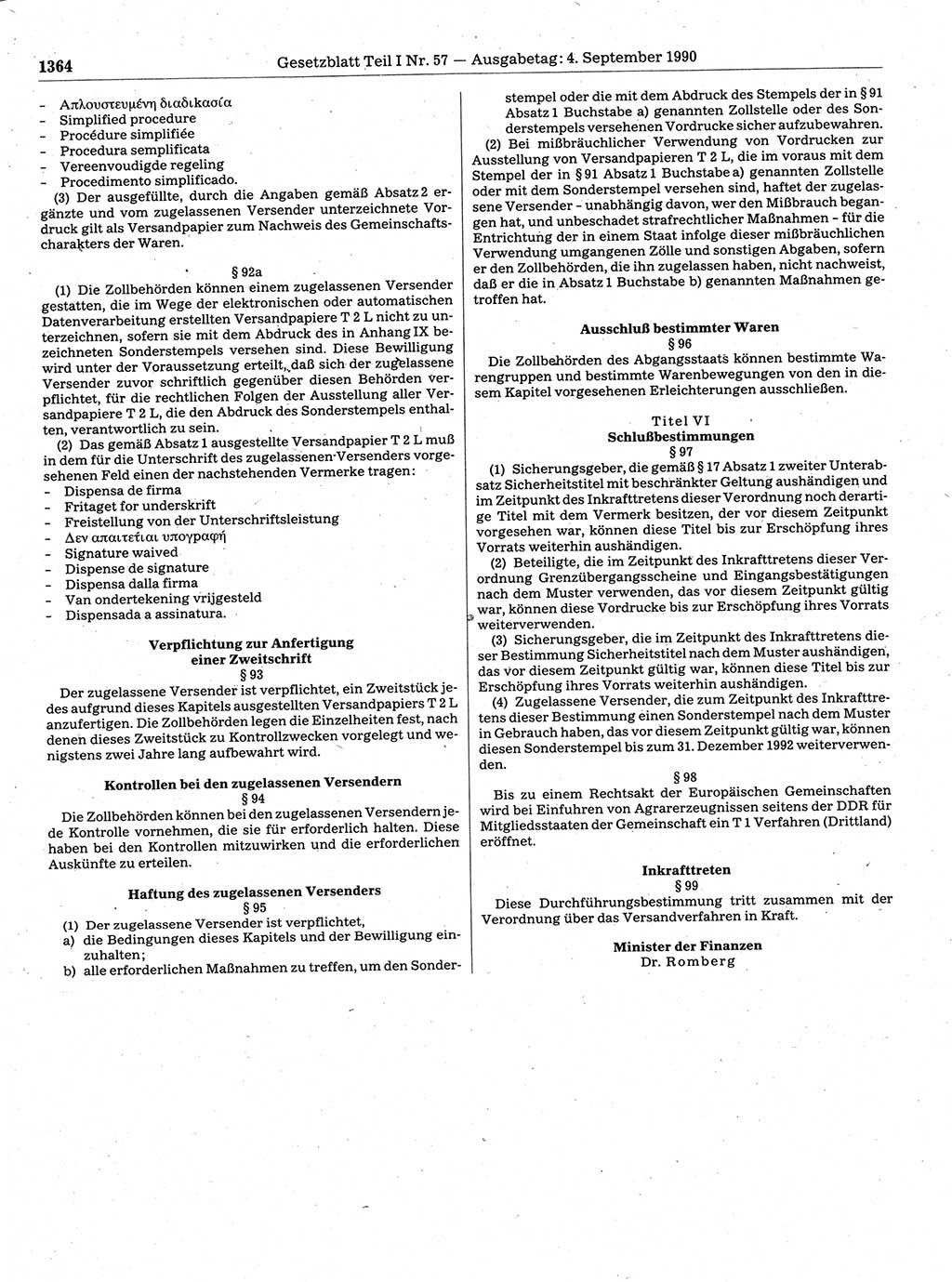 Gesetzblatt (GBl.) der Deutschen Demokratischen Republik (DDR) Teil Ⅰ 1990, Seite 1364 (GBl. DDR Ⅰ 1990, S. 1364)