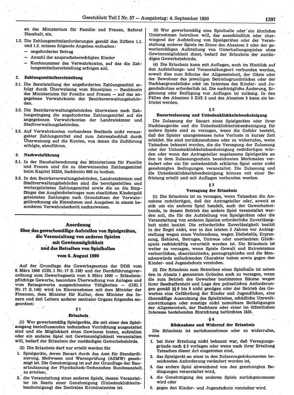 Gesetzblatt (GBl.) der Deutschen Demokratischen Republik (DDR) Teil Ⅰ 1990, Seite 1397 (GBl. DDR Ⅰ 1990, S. 1397)