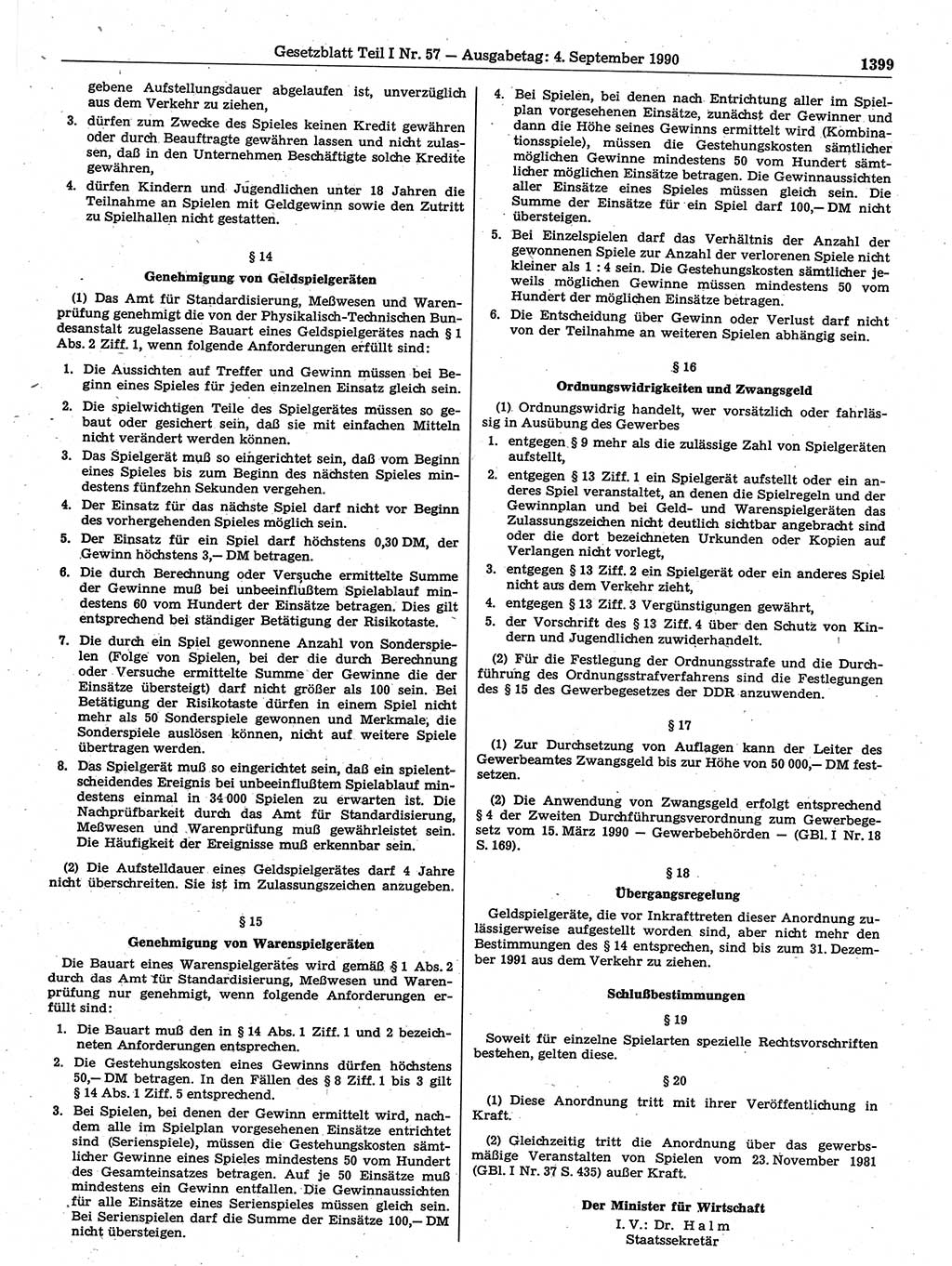 Gesetzblatt (GBl.) der Deutschen Demokratischen Republik (DDR) Teil Ⅰ 1990, Seite 1399 (GBl. DDR Ⅰ 1990, S. 1399)