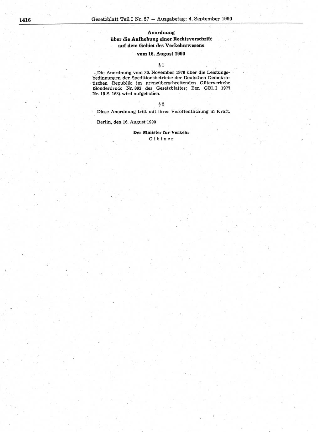 Gesetzblatt (GBl.) der Deutschen Demokratischen Republik (DDR) Teil Ⅰ 1990, Seite 1416 (GBl. DDR Ⅰ 1990, S. 1416)