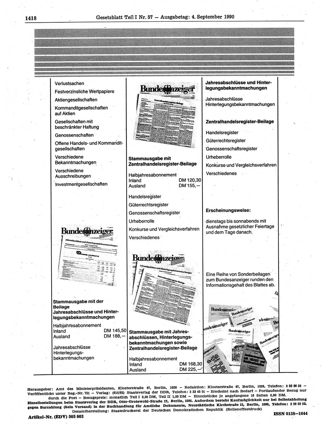 Gesetzblatt (GBl.) der Deutschen Demokratischen Republik (DDR) Teil Ⅰ 1990, Seite 1418 (GBl. DDR Ⅰ 1990, S. 1418)