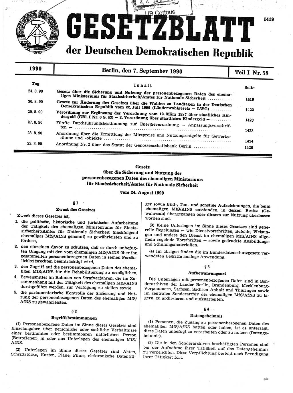 Gesetzblatt (GBl.) der Deutschen Demokratischen Republik (DDR) Teil Ⅰ 1990, Seite 1419 (GBl. DDR Ⅰ 1990, S. 1419)