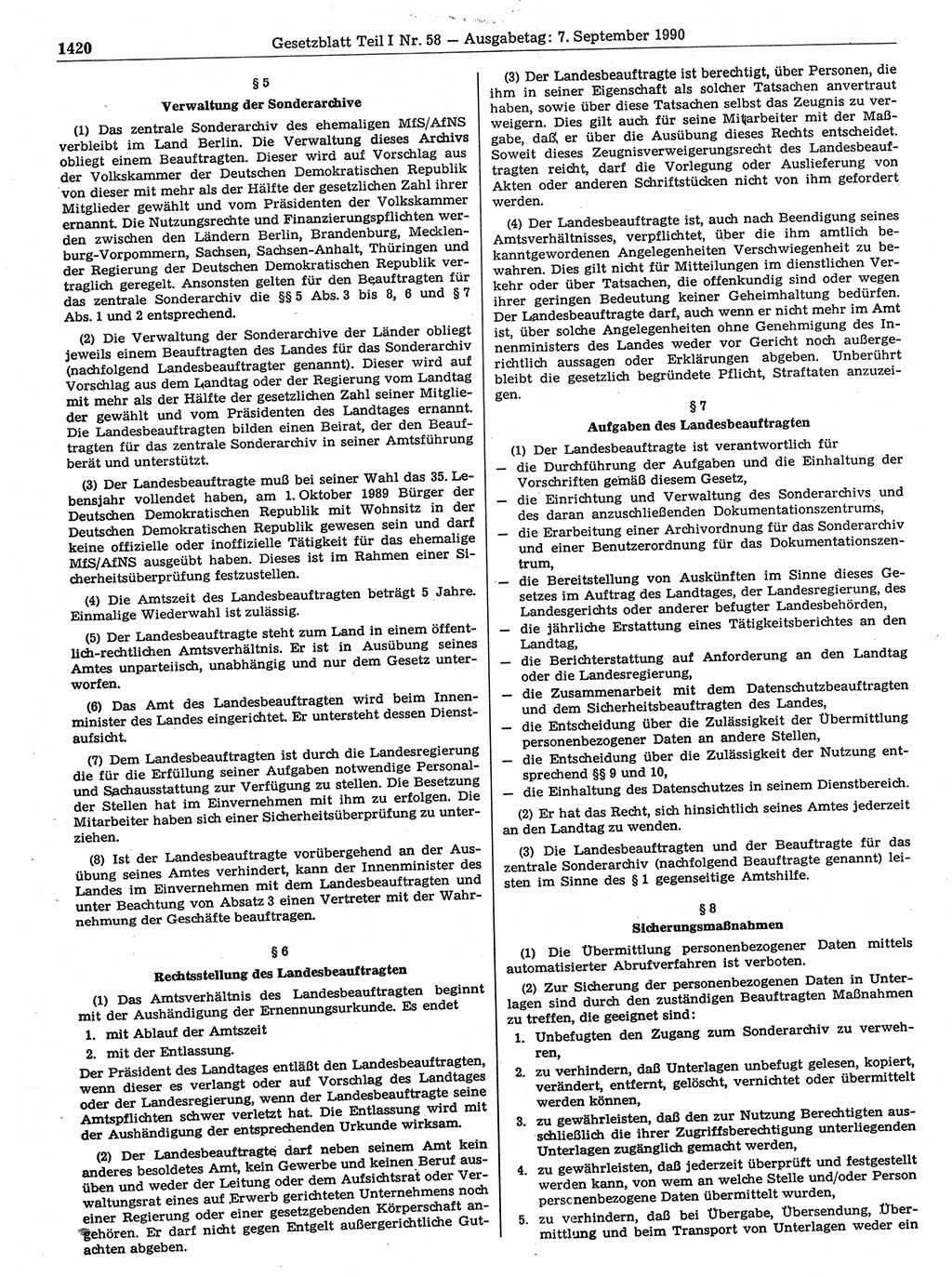 Gesetzblatt (GBl.) der Deutschen Demokratischen Republik (DDR) Teil Ⅰ 1990, Seite 1420 (GBl. DDR Ⅰ 1990, S. 1420)