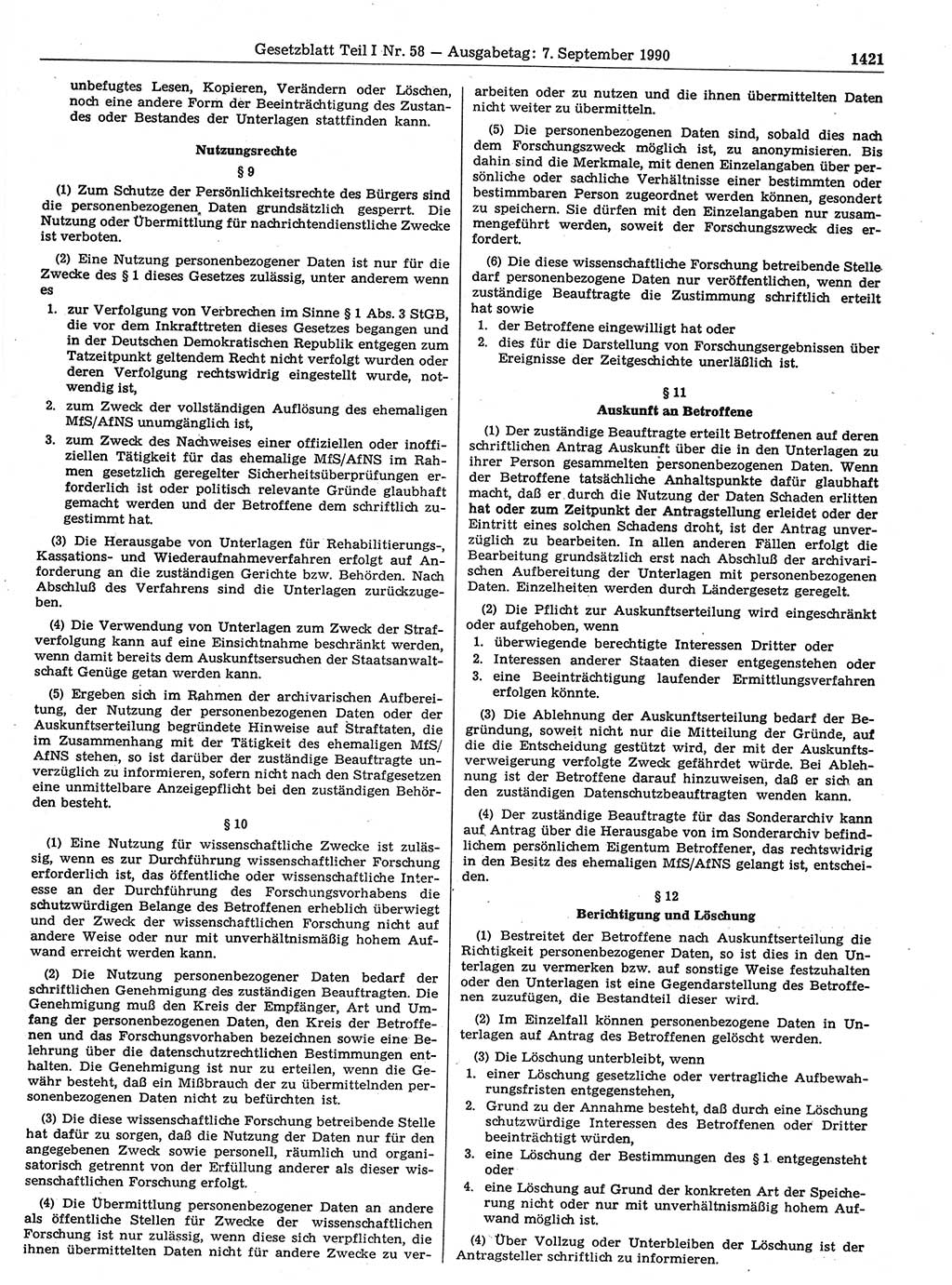 Gesetzblatt (GBl.) der Deutschen Demokratischen Republik (DDR) Teil Ⅰ 1990, Seite 1421 (GBl. DDR Ⅰ 1990, S. 1421)
