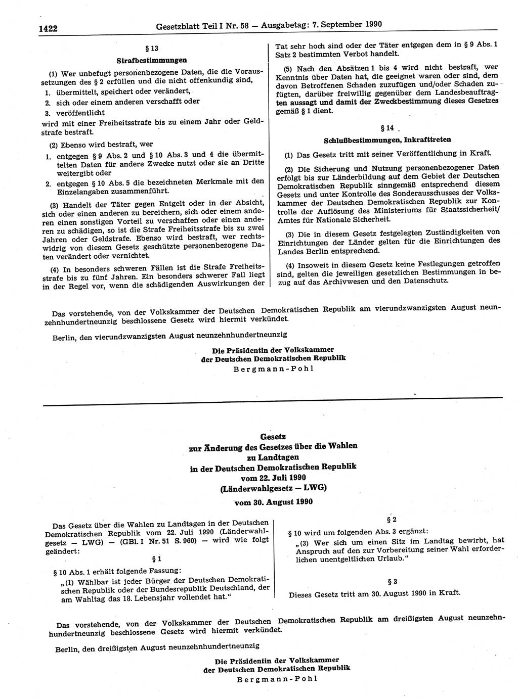 Gesetzblatt (GBl.) der Deutschen Demokratischen Republik (DDR) Teil Ⅰ 1990, Seite 1422 (GBl. DDR Ⅰ 1990, S. 1422)