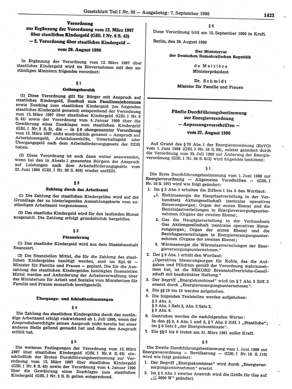 Gesetzblatt (GBl.) der Deutschen Demokratischen Republik (DDR) Teil Ⅰ 1990, Seite 1423 (GBl. DDR Ⅰ 1990, S. 1423)