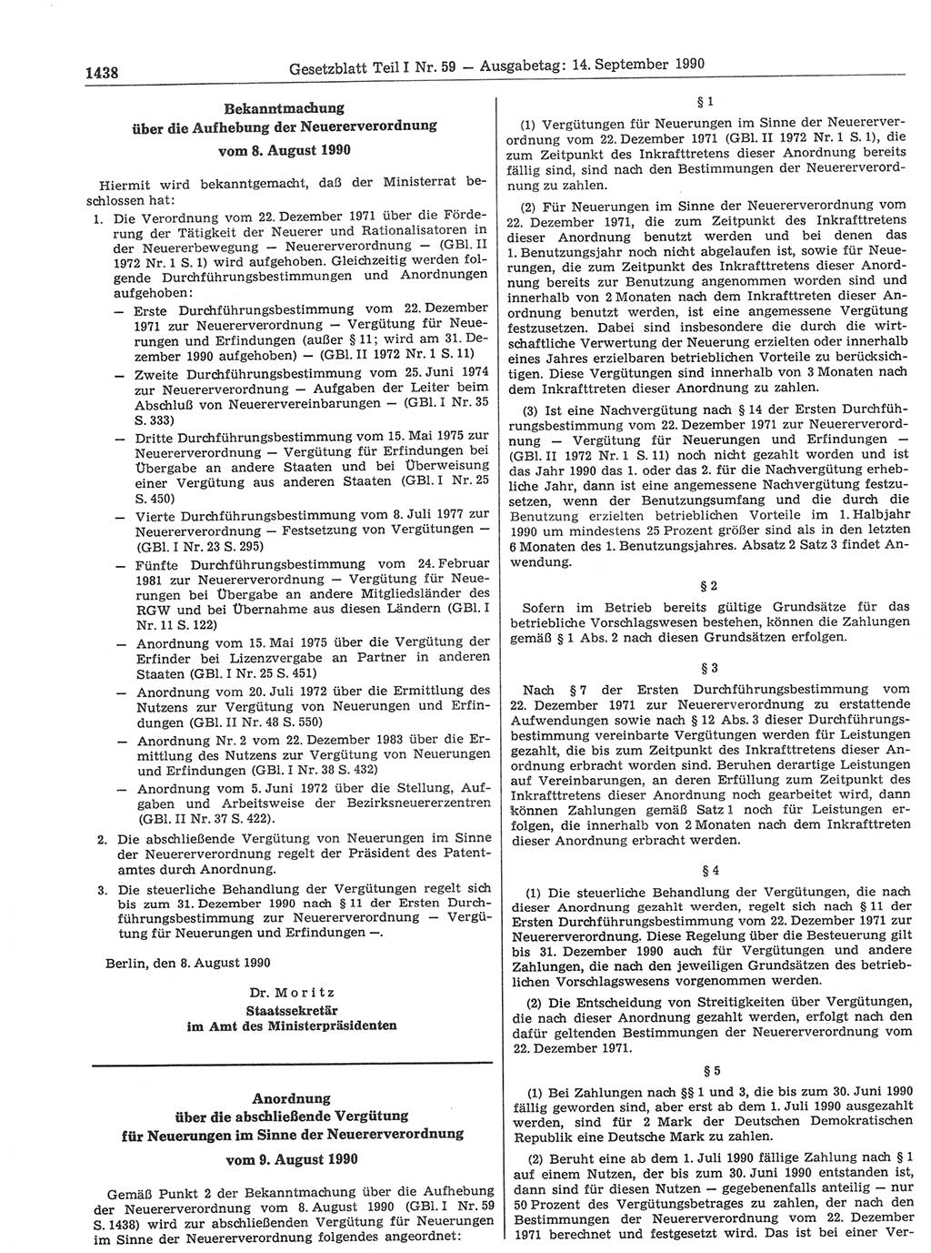 Gesetzblatt (GBl.) der Deutschen Demokratischen Republik (DDR) Teil Ⅰ 1990, Seite 1438 (GBl. DDR Ⅰ 1990, S. 1438)