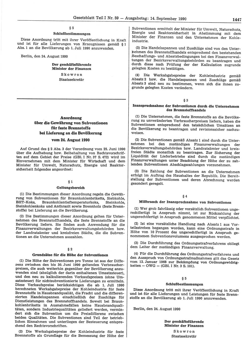 Gesetzblatt (GBl.) der Deutschen Demokratischen Republik (DDR) Teil Ⅰ 1990, Seite 1447 (GBl. DDR Ⅰ 1990, S. 1447)