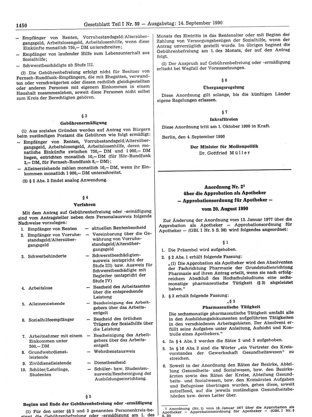 Gesetzblatt (GBl.) der Deutschen Demokratischen Republik (DDR) Teil Ⅰ 1990, Seite 1450 (GBl. DDR Ⅰ 1990, S. 1450)