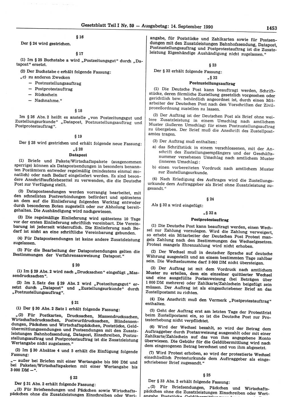 Gesetzblatt (GBl.) der Deutschen Demokratischen Republik (DDR) Teil Ⅰ 1990, Seite 1453 (GBl. DDR Ⅰ 1990, S. 1453)