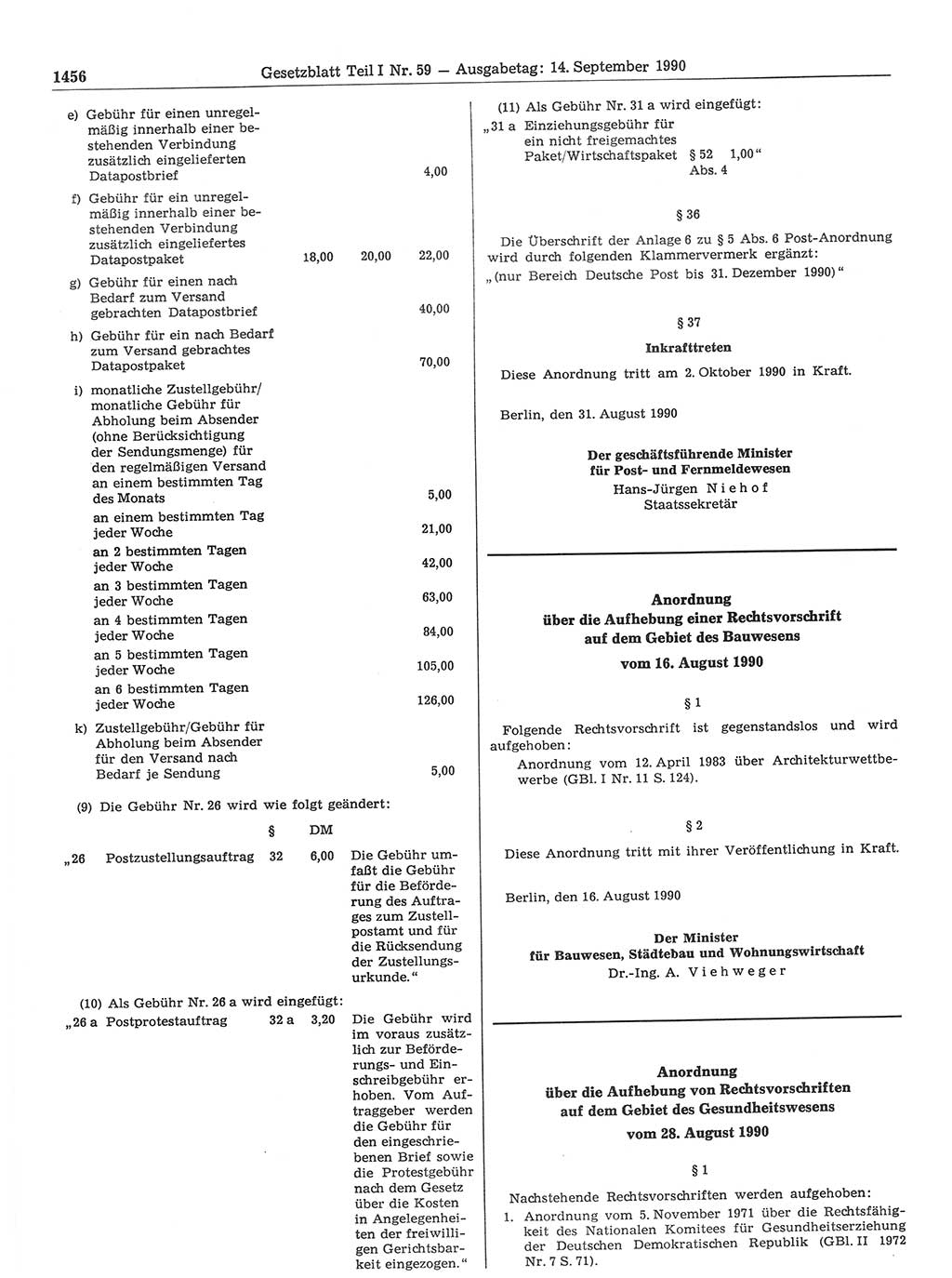 Gesetzblatt (GBl.) der Deutschen Demokratischen Republik (DDR) Teil Ⅰ 1990, Seite 1456 (GBl. DDR Ⅰ 1990, S. 1456)