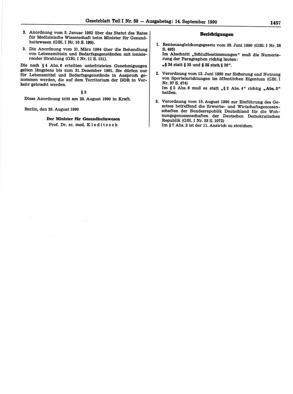 Gesetzblatt (GBl.) der Deutschen Demokratischen Republik (DDR) Teil Ⅰ 1990, Seite 1457 (GBl. DDR Ⅰ 1990, S. 1457)