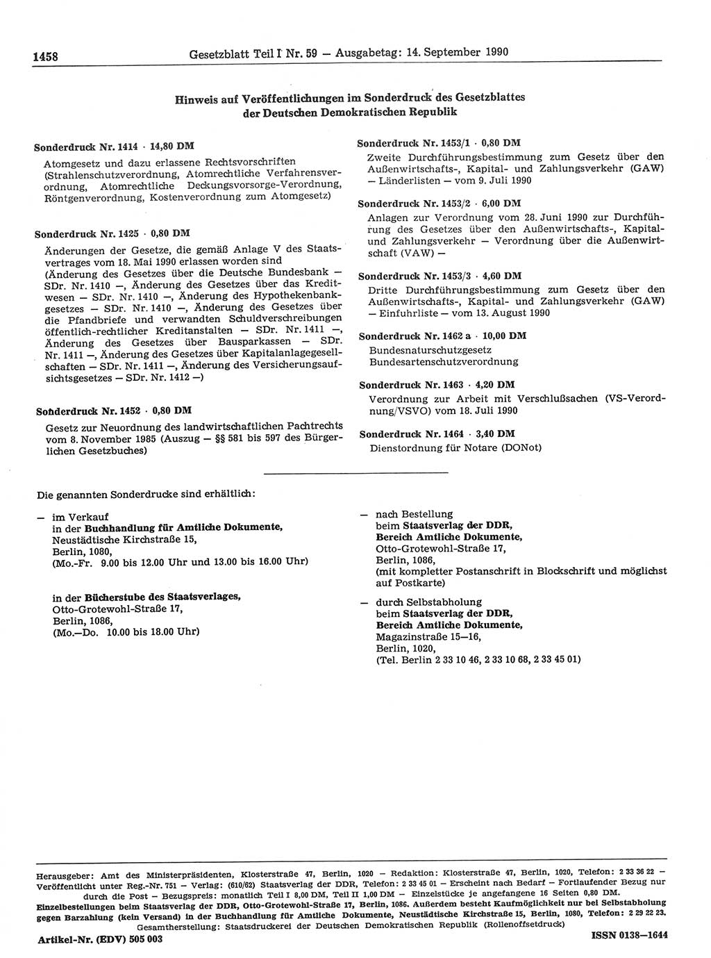 Gesetzblatt (GBl.) der Deutschen Demokratischen Republik (DDR) Teil Ⅰ 1990, Seite 1458 (GBl. DDR Ⅰ 1990, S. 1458)
