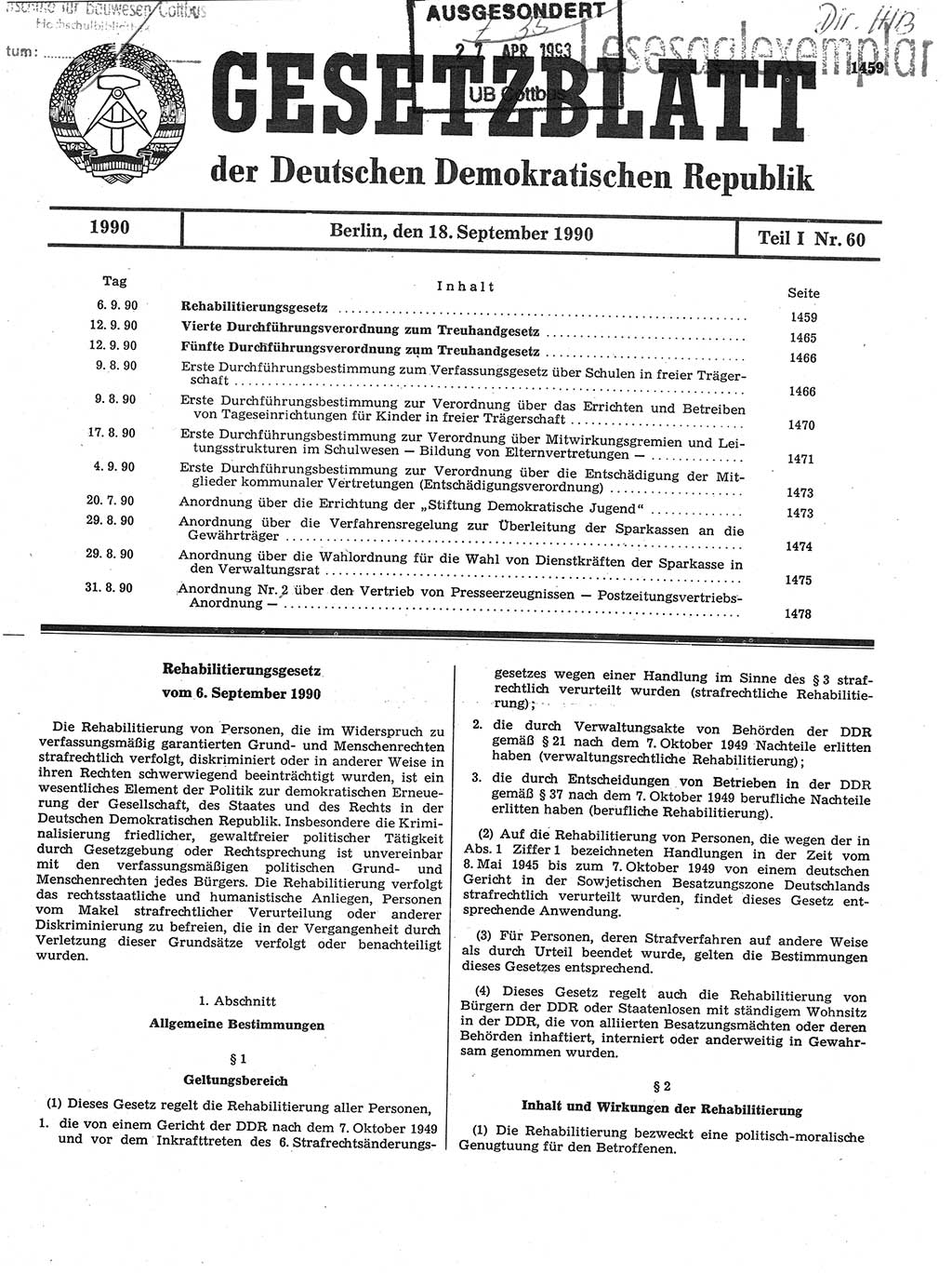 Gesetzblatt (GBl.) der Deutschen Demokratischen Republik (DDR) Teil Ⅰ 1990, Seite 1459 (GBl. DDR Ⅰ 1990, S. 1459)