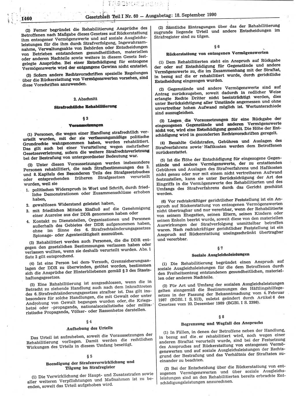 Gesetzblatt (GBl.) der Deutschen Demokratischen Republik (DDR) Teil Ⅰ 1990, Seite 1460 (GBl. DDR Ⅰ 1990, S. 1460)