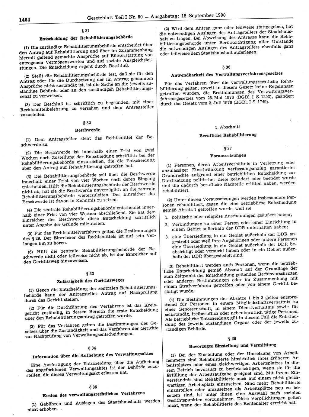Gesetzblatt (GBl.) der Deutschen Demokratischen Republik (DDR) Teil Ⅰ 1990, Seite 1464 (GBl. DDR Ⅰ 1990, S. 1464)
