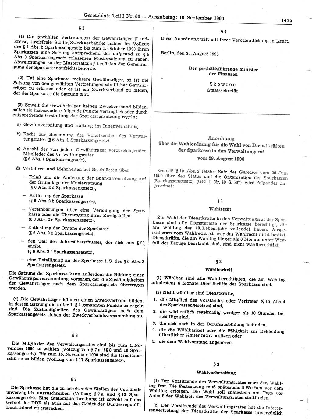Gesetzblatt (GBl.) der Deutschen Demokratischen Republik (DDR) Teil Ⅰ 1990, Seite 1475 (GBl. DDR Ⅰ 1990, S. 1475)