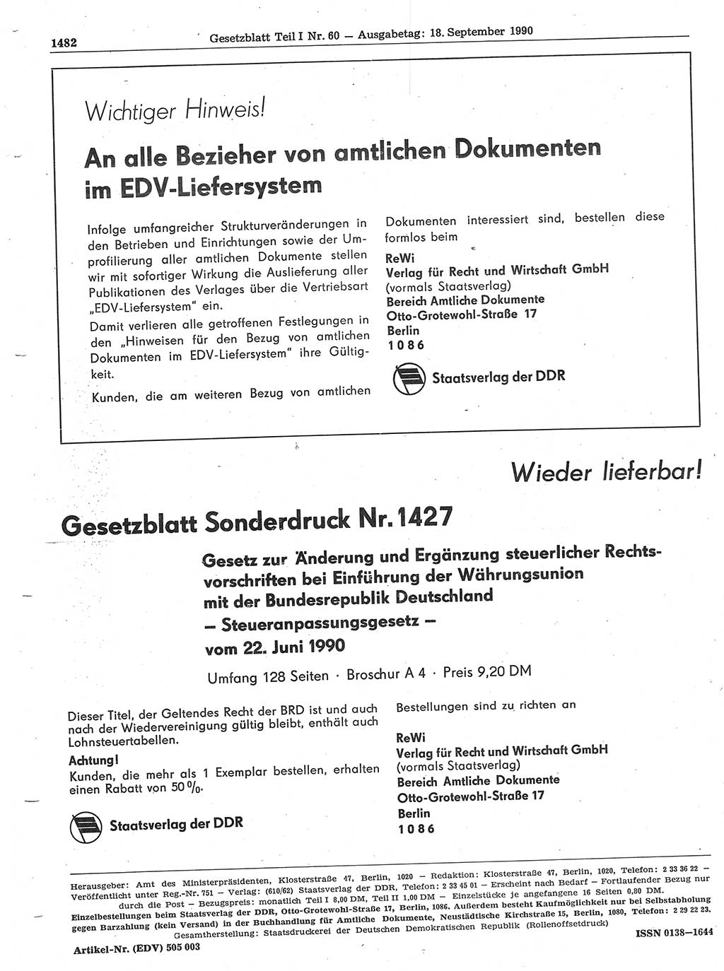 Gesetzblatt (GBl.) der Deutschen Demokratischen Republik (DDR) Teil Ⅰ 1990, Seite 1482 (GBl. DDR Ⅰ 1990, S. 1482)