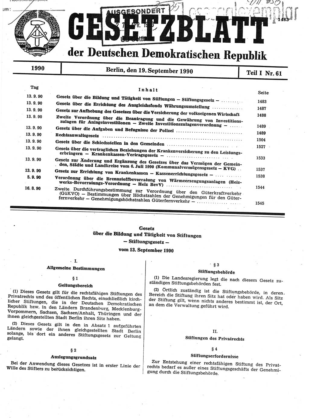 Gesetzblatt (GBl.) der Deutschen Demokratischen Republik (DDR) Teil Ⅰ 1990, Seite 1483 (GBl. DDR Ⅰ 1990, S. 1483)