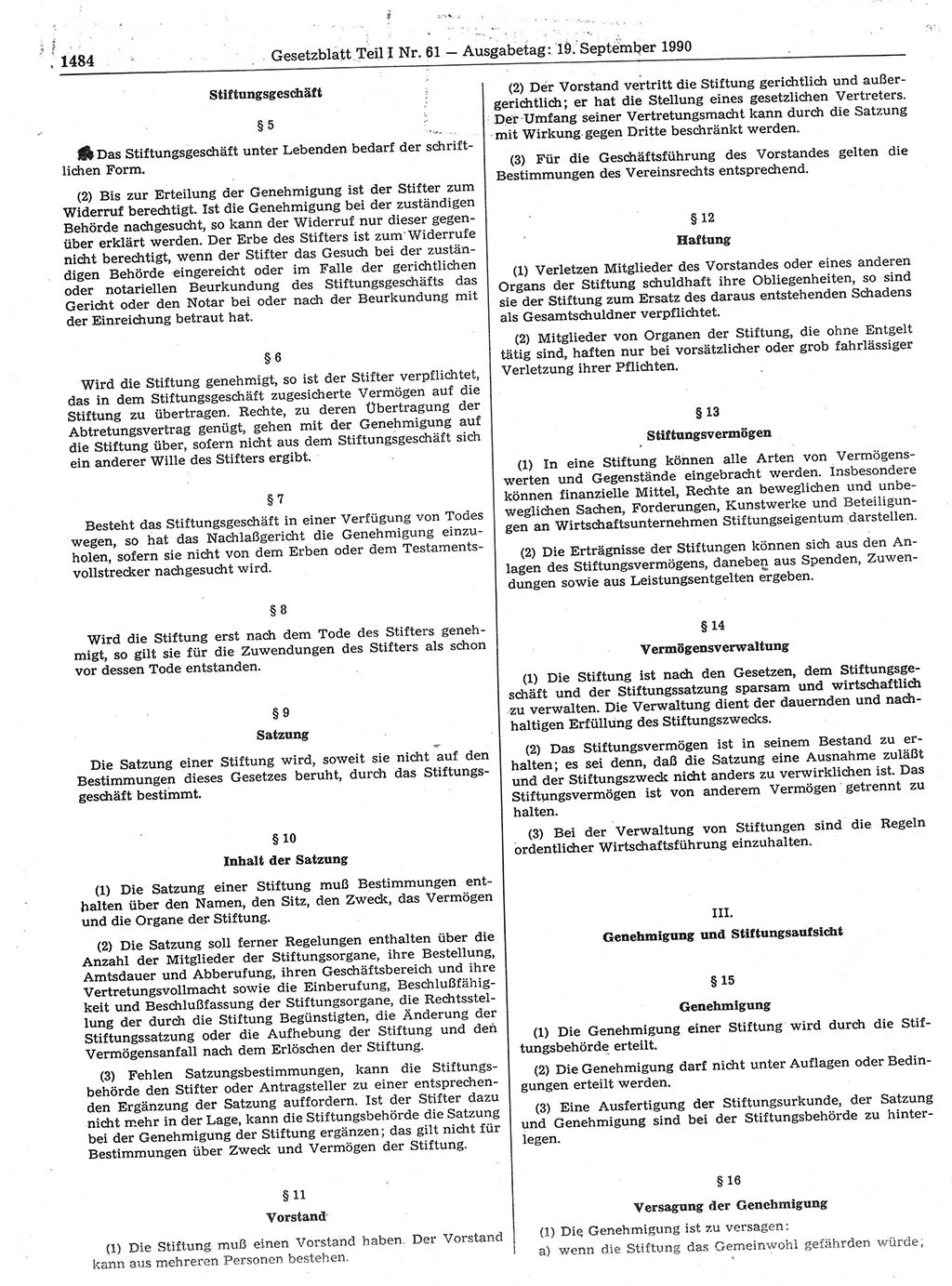 Gesetzblatt (GBl.) der Deutschen Demokratischen Republik (DDR) Teil Ⅰ 1990, Seite 1484 (GBl. DDR Ⅰ 1990, S. 1484)