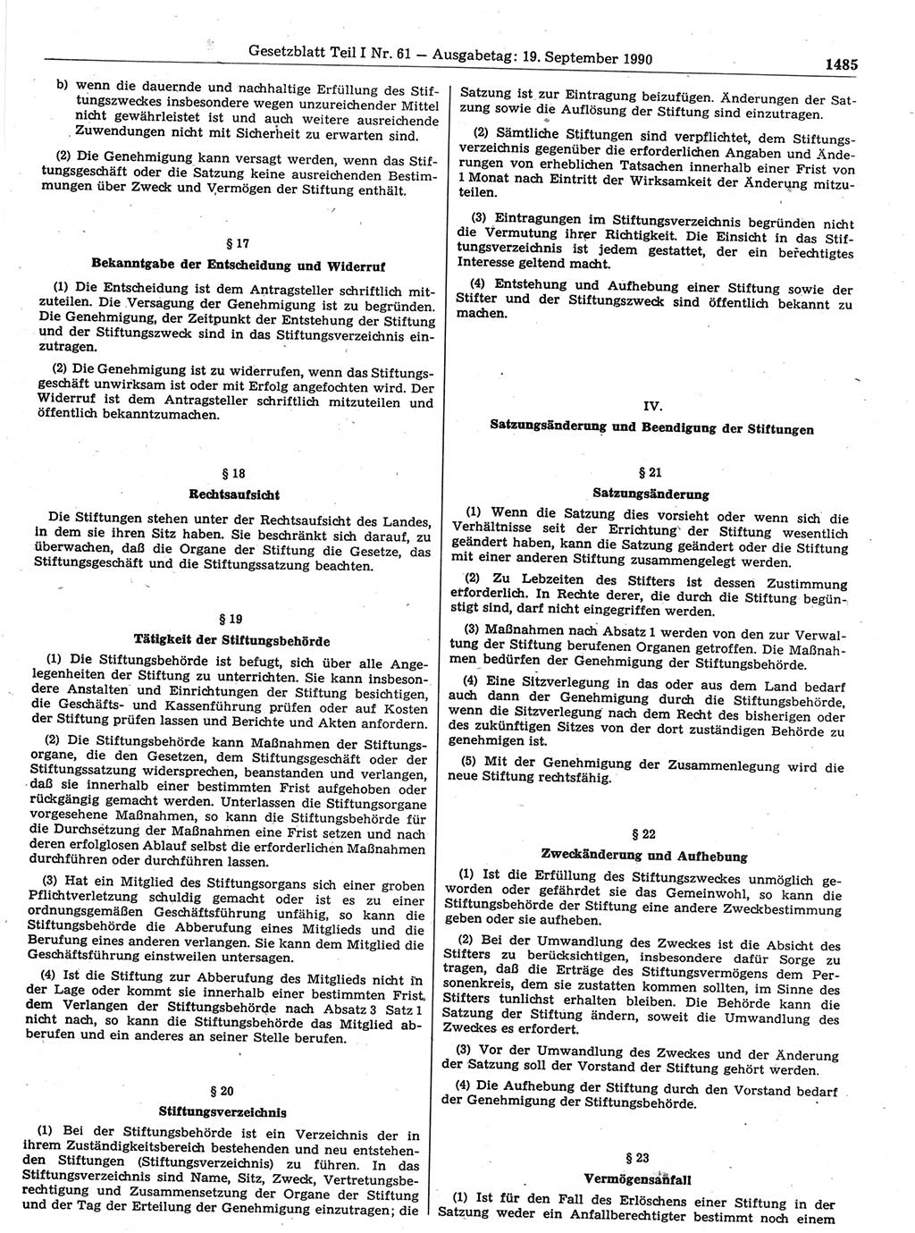Gesetzblatt (GBl.) der Deutschen Demokratischen Republik (DDR) Teil Ⅰ 1990, Seite 1485 (GBl. DDR Ⅰ 1990, S. 1485)