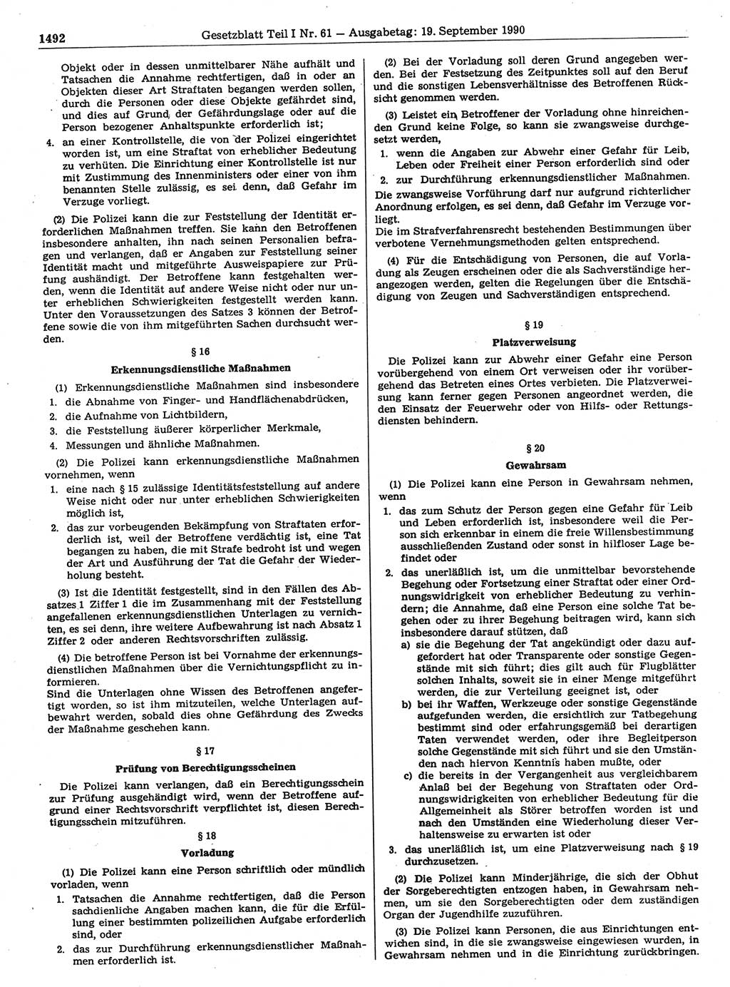 Gesetzblatt (GBl.) der Deutschen Demokratischen Republik (DDR) Teil Ⅰ 1990, Seite 1492 (GBl. DDR Ⅰ 1990, S. 1492)