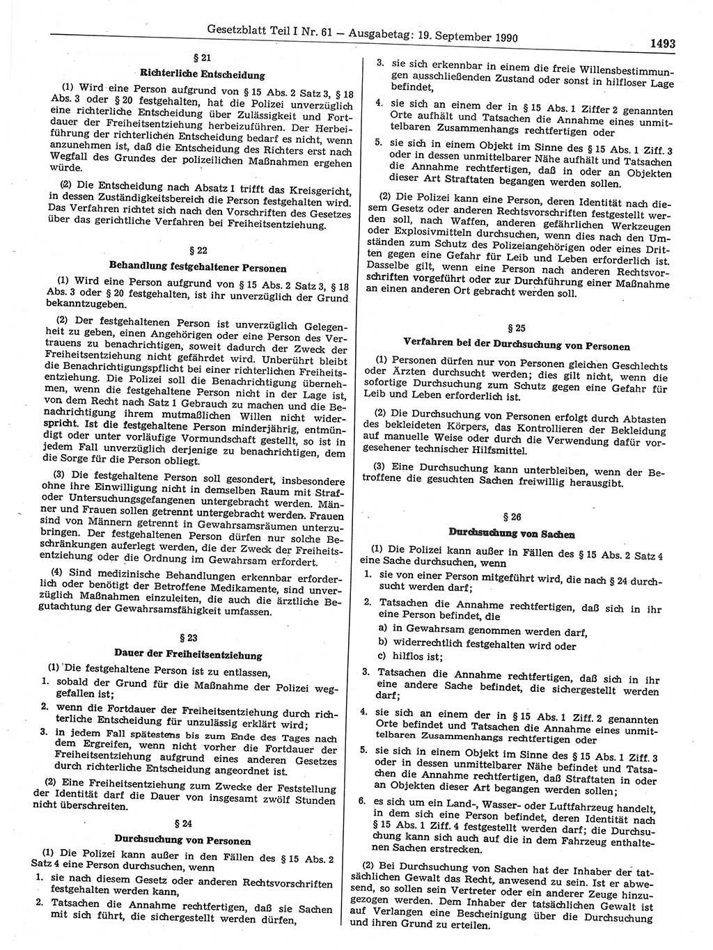 Gesetzblatt (GBl.) der Deutschen Demokratischen Republik (DDR) Teil Ⅰ 1990, Seite 1493 (GBl. DDR Ⅰ 1990, S. 1493)