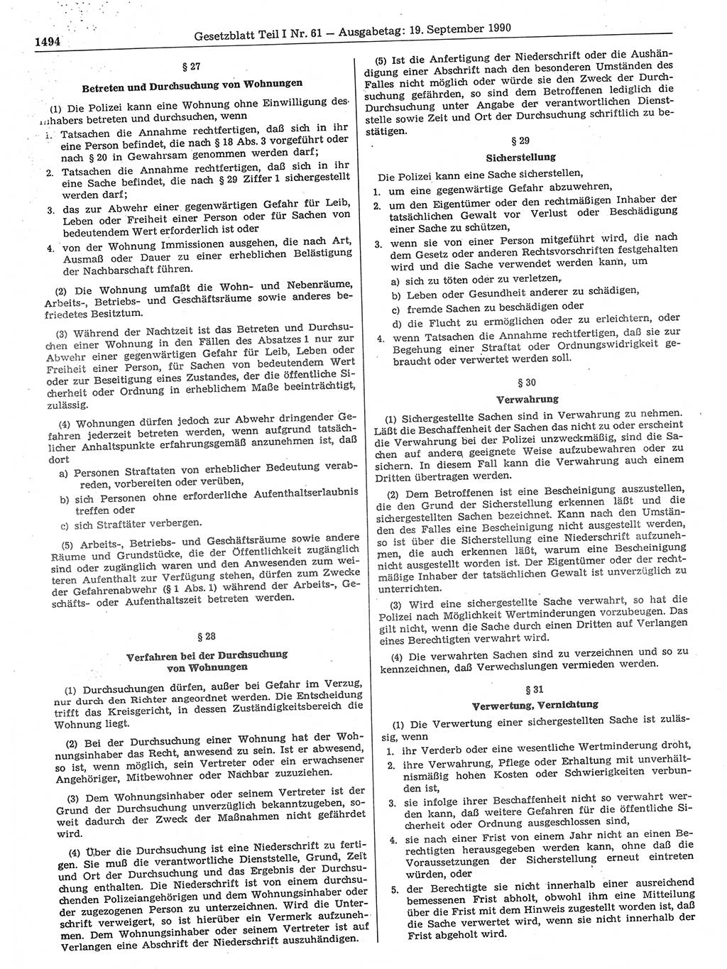 Gesetzblatt (GBl.) der Deutschen Demokratischen Republik (DDR) Teil Ⅰ 1990, Seite 1494 (GBl. DDR Ⅰ 1990, S. 1494)