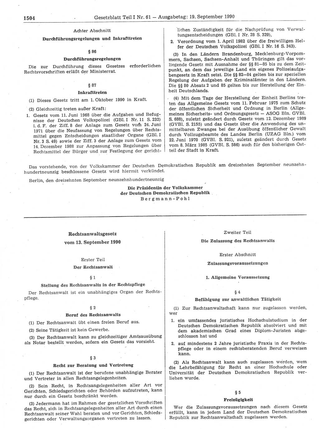 Gesetzblatt (GBl.) der Deutschen Demokratischen Republik (DDR) Teil Ⅰ 1990, Seite 1504 (GBl. DDR Ⅰ 1990, S. 1504)