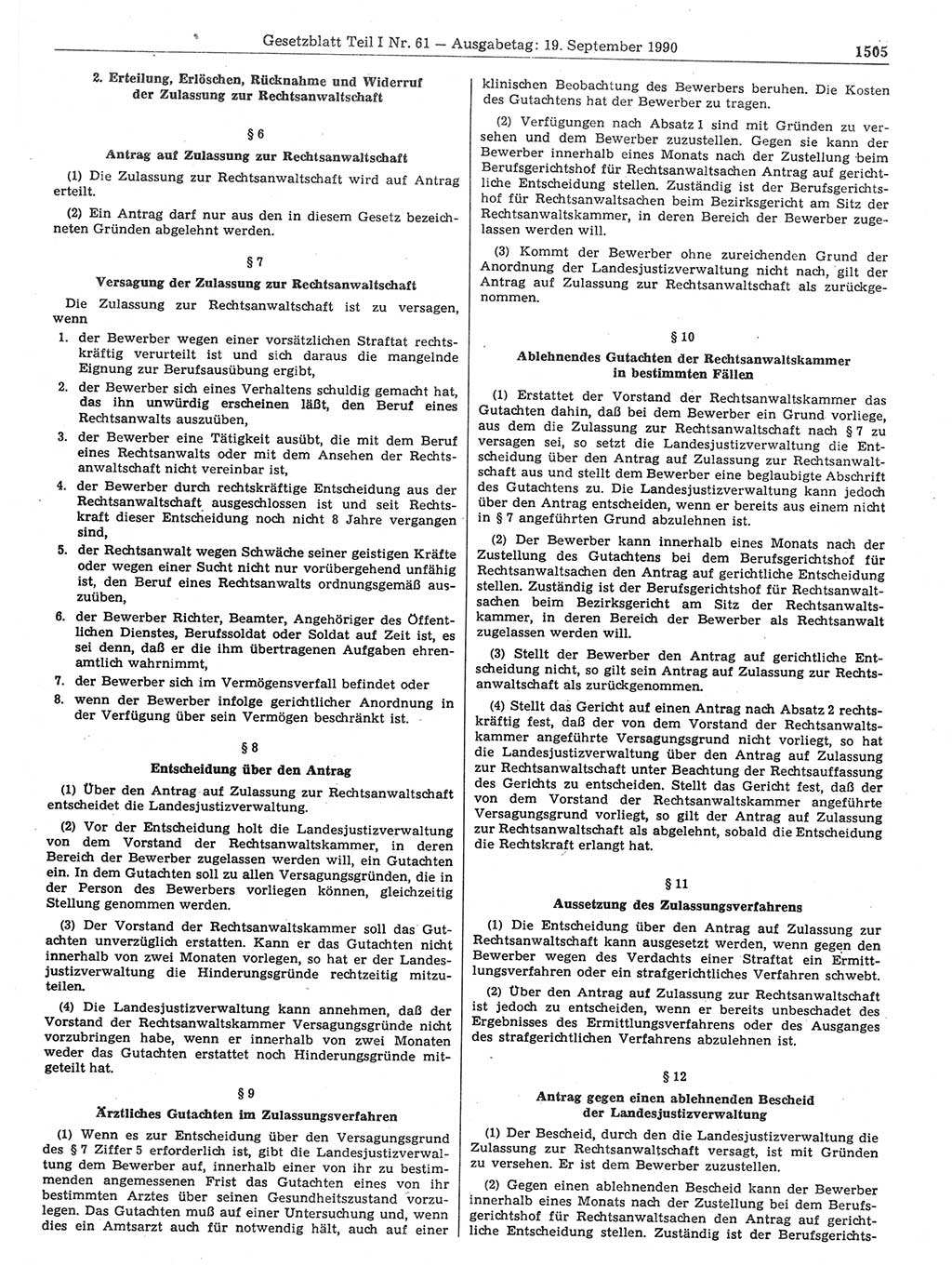 Gesetzblatt (GBl.) der Deutschen Demokratischen Republik (DDR) Teil Ⅰ 1990, Seite 1505 (GBl. DDR Ⅰ 1990, S. 1505)