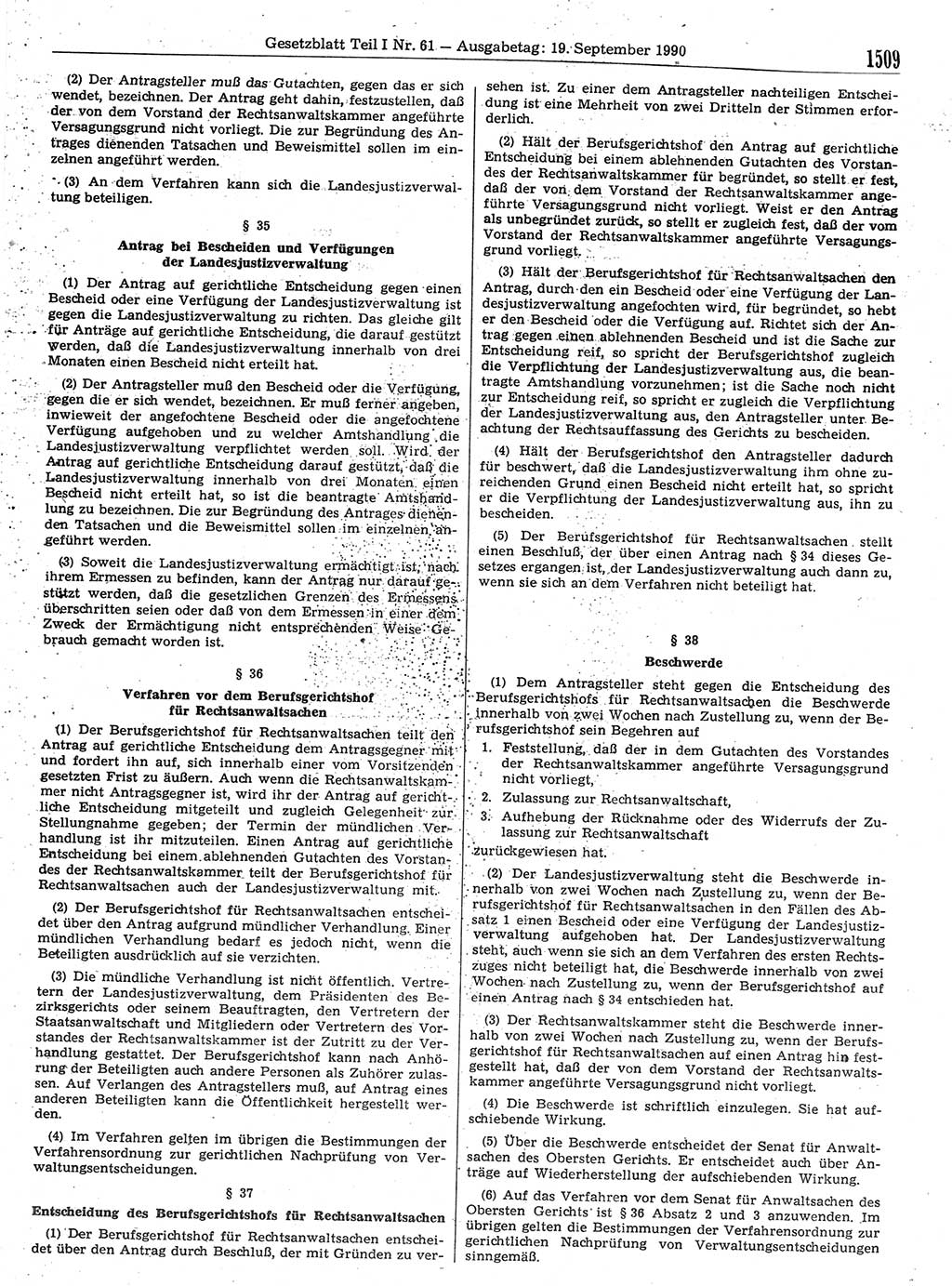 Gesetzblatt (GBl.) der Deutschen Demokratischen Republik (DDR) Teil Ⅰ 1990, Seite 1509 (GBl. DDR Ⅰ 1990, S. 1509)