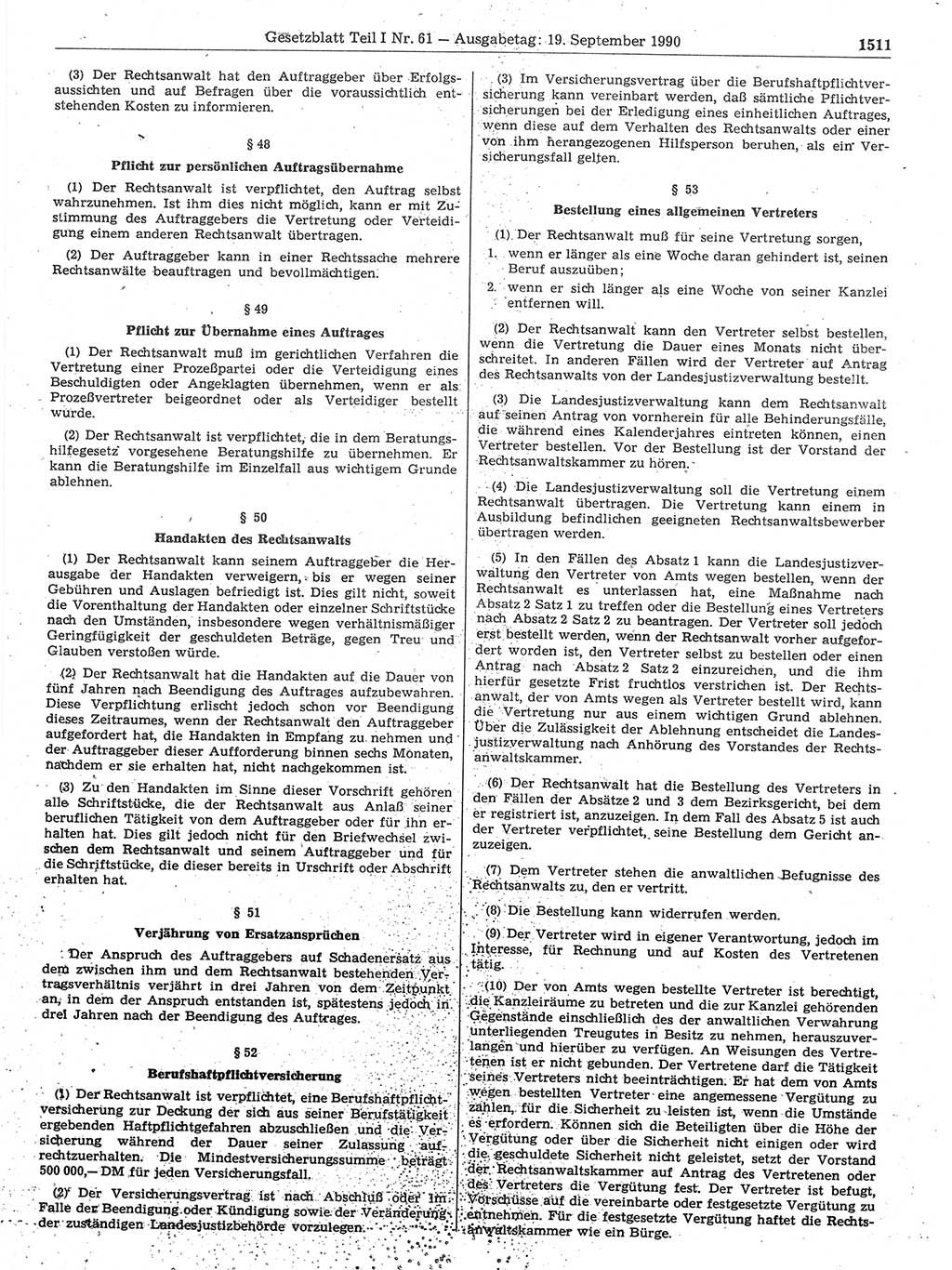 Gesetzblatt (GBl.) der Deutschen Demokratischen Republik (DDR) Teil Ⅰ 1990, Seite 1511 (GBl. DDR Ⅰ 1990, S. 1511)